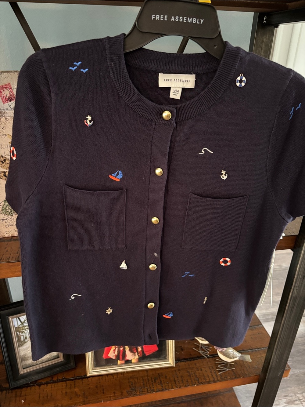 Free Assembly Navy Nautical Embroidered Cardigan lrg ptp 20 - Picture 2 of 6
